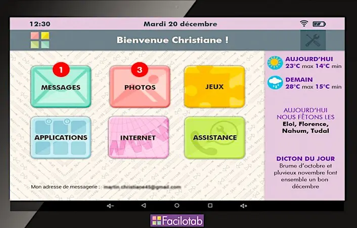 Ecran d'accueil d'une tablette Facilotab.