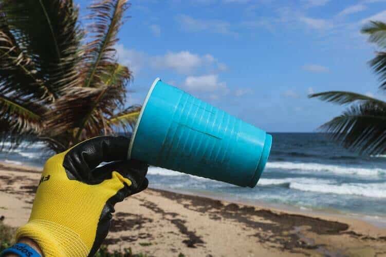 un gobelet en plastique sur une plage