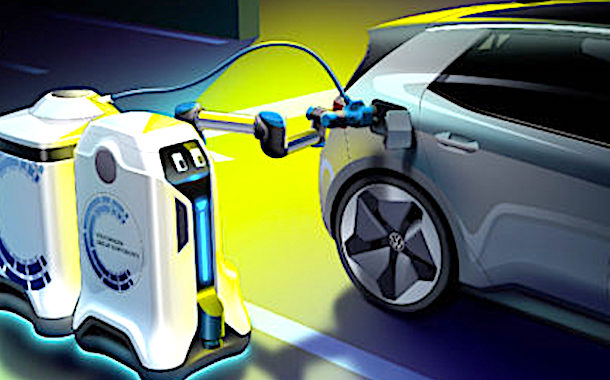 L'innovation Volkswagen, récemment présentée au public, est un robot chargeur autonome pour batterie de voiture.