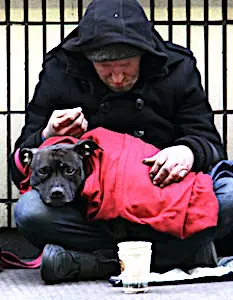 Un SDF qui mendie avec son chien sur ses genoux pour une aide alimentaire