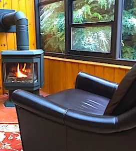 Un petit salon avec un poêle à bois et un fauteuil Aujourd'hui, limiter le gaspillage énergétique urbain doit devenir une priorité écologique