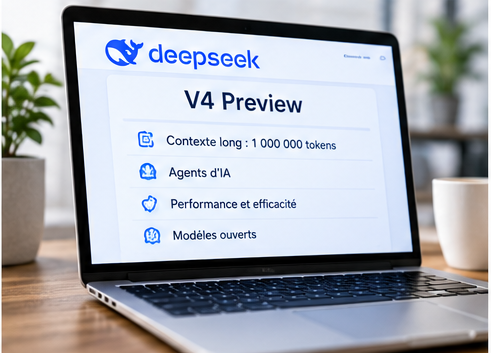 Ordinateur affichant DeepSeek-V4 et ses principales fonctions liées aux agents d’intelligence artificielle