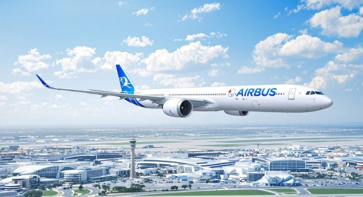 Avion Airbus survolant un aéroport animé.