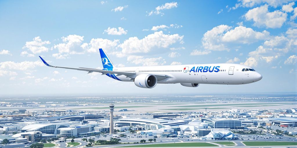 Avion Airbus survolant un aéroport animé.