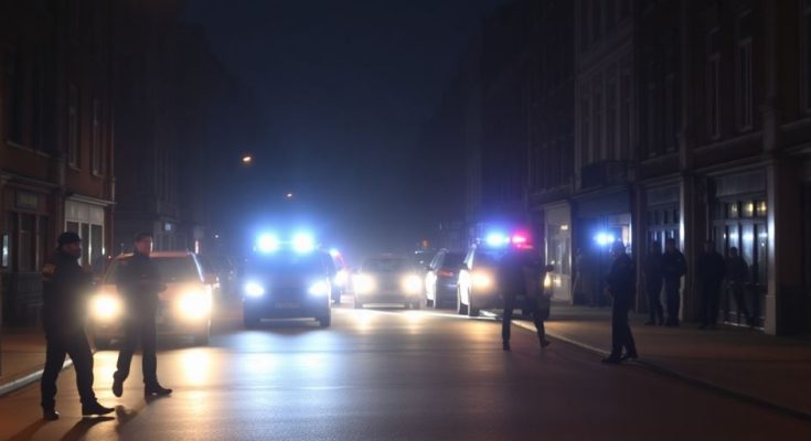 Scène nocturne en Belgique avec des policiers et des lumières.