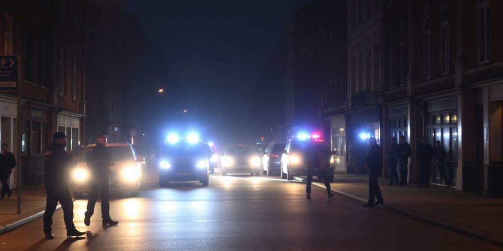 Scène nocturne en Belgique avec des policiers et des lumières.