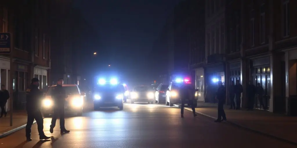 Scène nocturne en Belgique avec des policiers et des lumières.