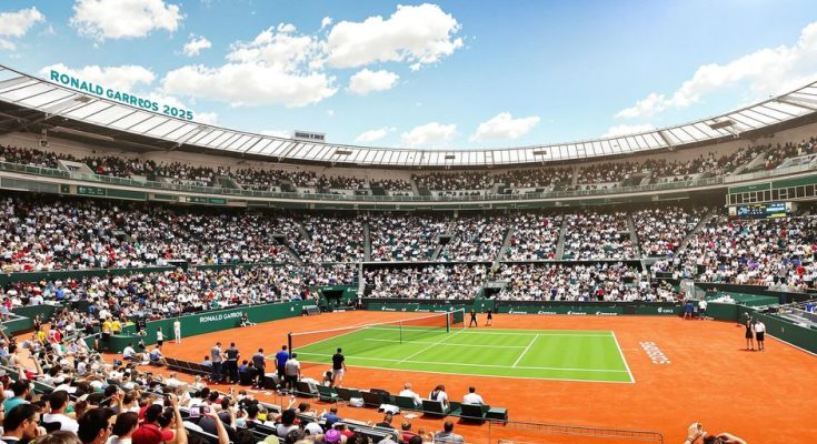 Terrain de tennis rouge avec joueurs à Roland Garros.