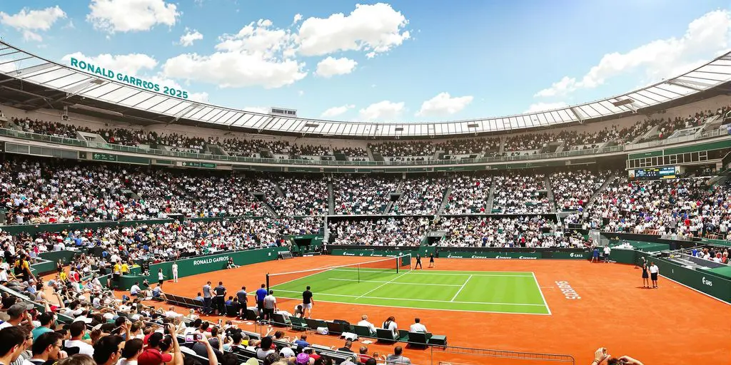 Terrain de tennis rouge avec joueurs à Roland Garros.