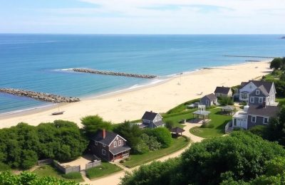 Plage de sable et cottages charmants à Cape Cod.