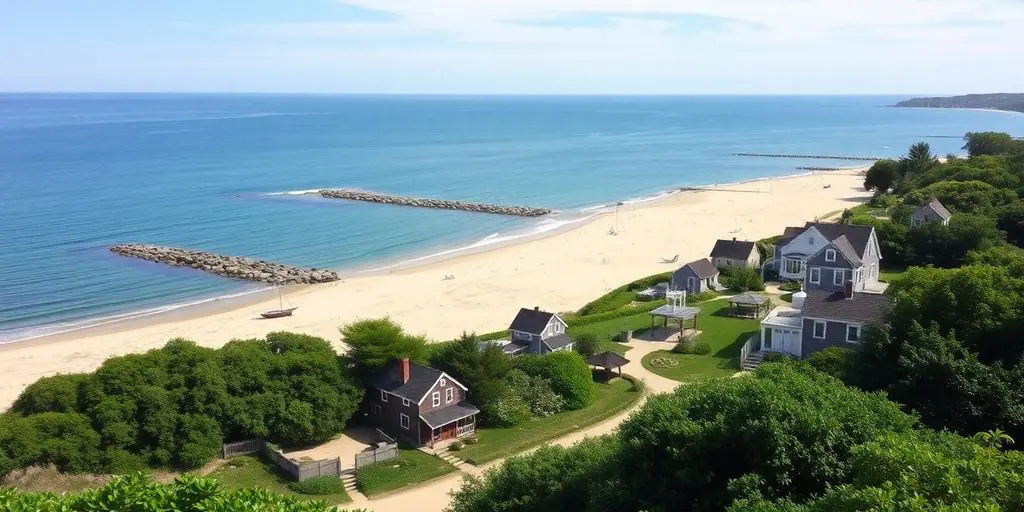 Plage de sable et cottages charmants à Cape Cod.