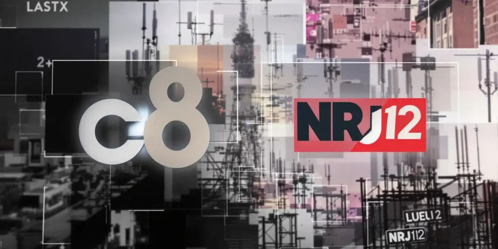 Écrans de médias français avec logos de C8 et NRJ12.