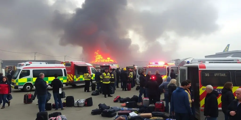 Incendie à l'aéroport de Londres avec passagers et pompiers.