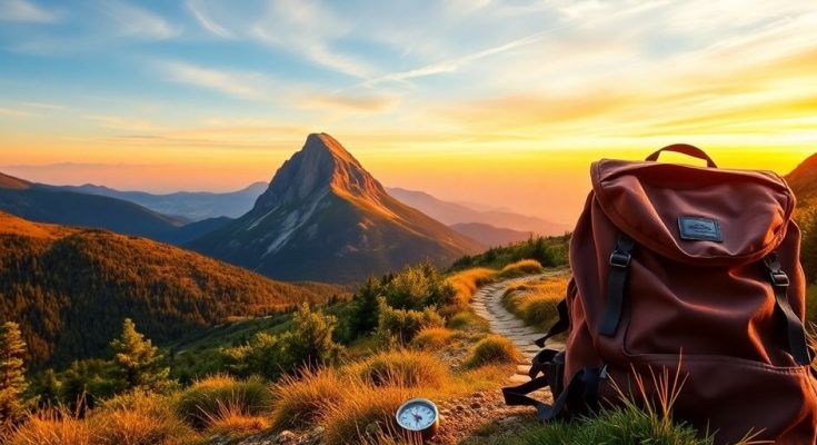 Un paysage montagneux avec un sac à dos et une boussole.
