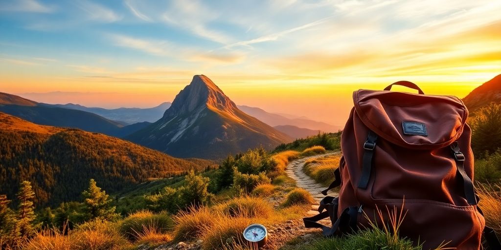 Un paysage montagneux avec un sac à dos et une boussole.