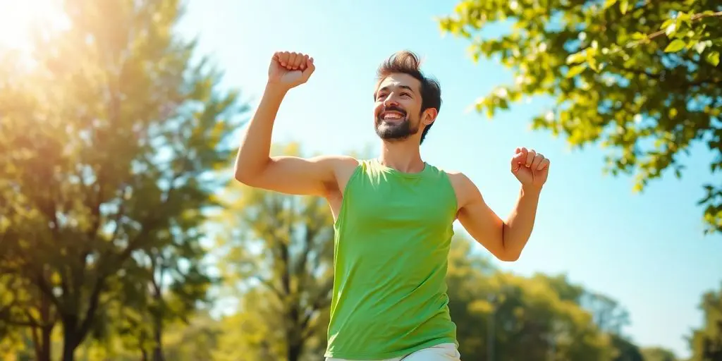 Person exercising outdoors, vibrant greenery and sunlight.