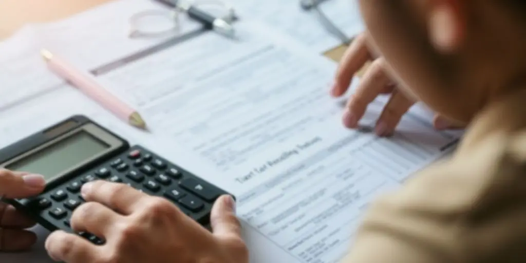 Personne calculant des impôts sur un bureau.