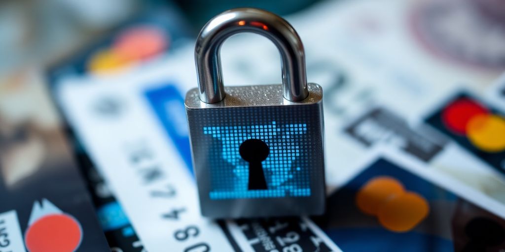 Cadenas numérique, éléments financiers flous en arrière-plan.