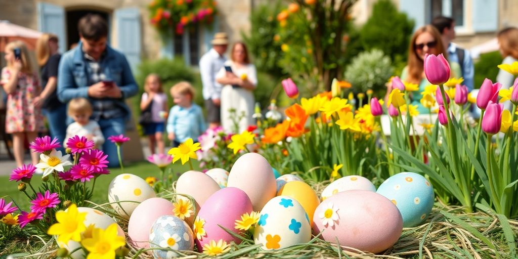 Célébration de Pâques avec œufs colorés et fleurs.
