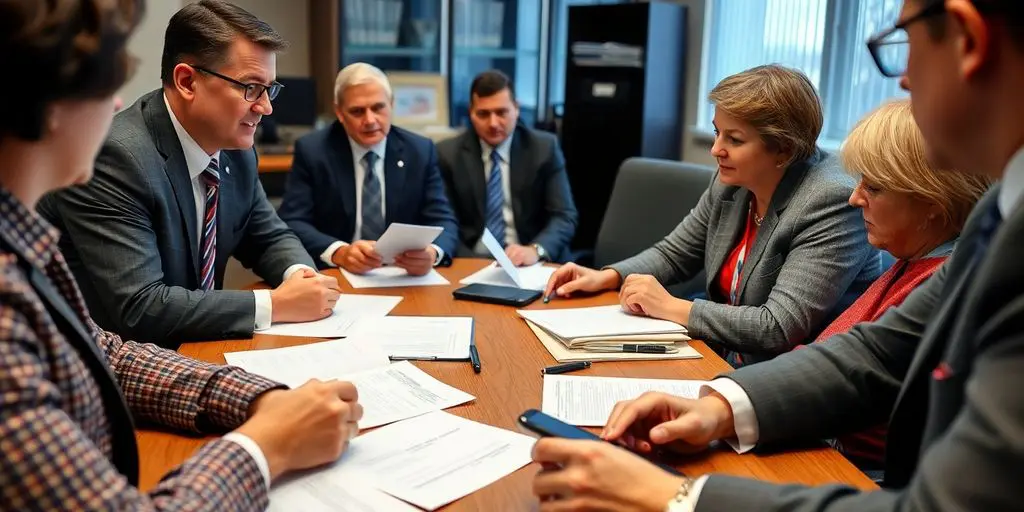 Médiateur national discute avec des responsables au bureau.