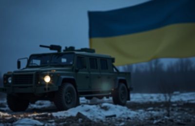 Véhicule militaire avec un drapeau ukrainien flou en arrière-plan.