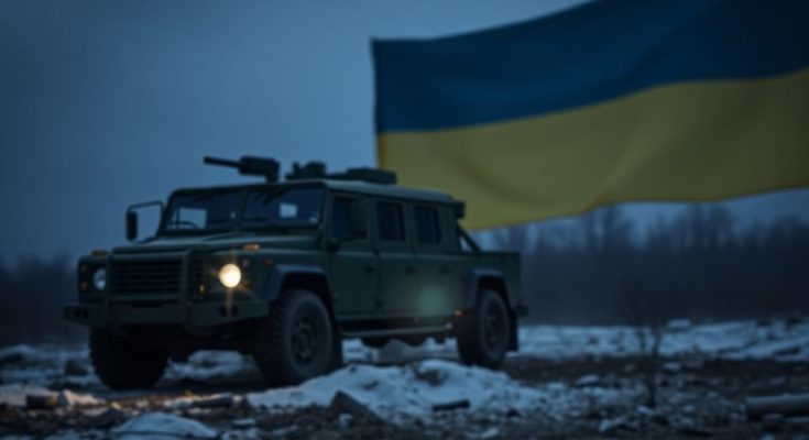 Véhicule militaire avec un drapeau ukrainien flou en arrière-plan.