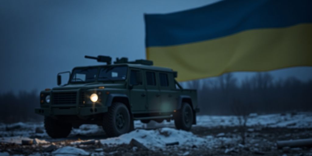 Véhicule militaire avec un drapeau ukrainien flou en arrière-plan.