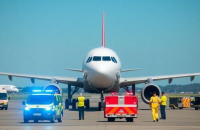 A320 d'Air Corsica sur la piste avec véhicules d'urgence.