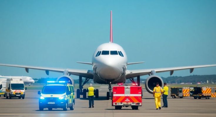 A320 d'Air Corsica sur la piste avec véhicules d'urgence.