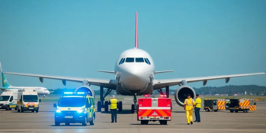 A320 d'Air Corsica sur la piste avec véhicules d'urgence.