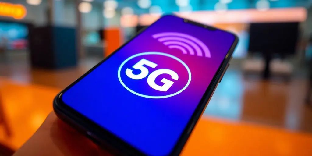 Image d'un smartphone avec l'icône 5G+.