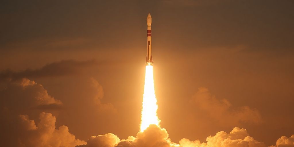 Lancement de la fusée Ariane 6 dans le ciel.