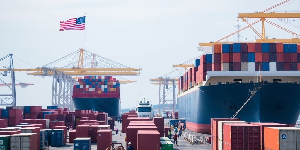 Scène portuaire avec conteneurs et navires de transport.