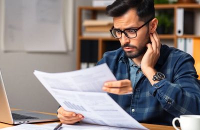 Un entrepreneur préoccupé examinant des documents financiers.