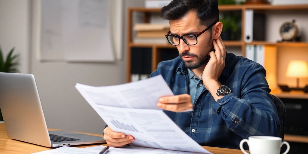 Un entrepreneur préoccupé examinant des documents financiers.