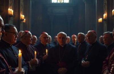 Cardinaux en réunion dans une chapelle sombre.