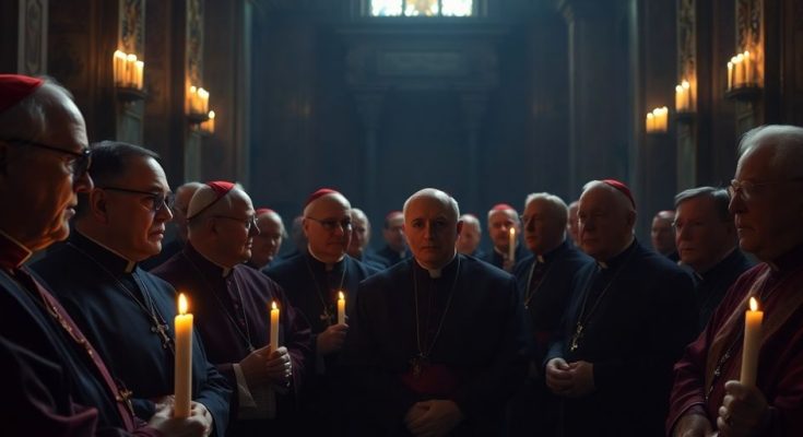 Cardinaux en réunion dans une chapelle sombre.