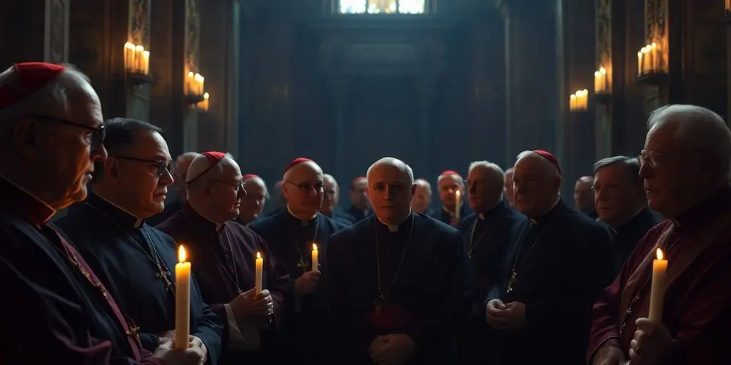 Cardinaux en réunion dans une chapelle sombre.