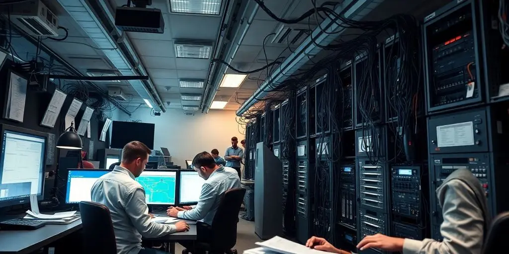 Centre de télécommunications pendant une panne nationale.