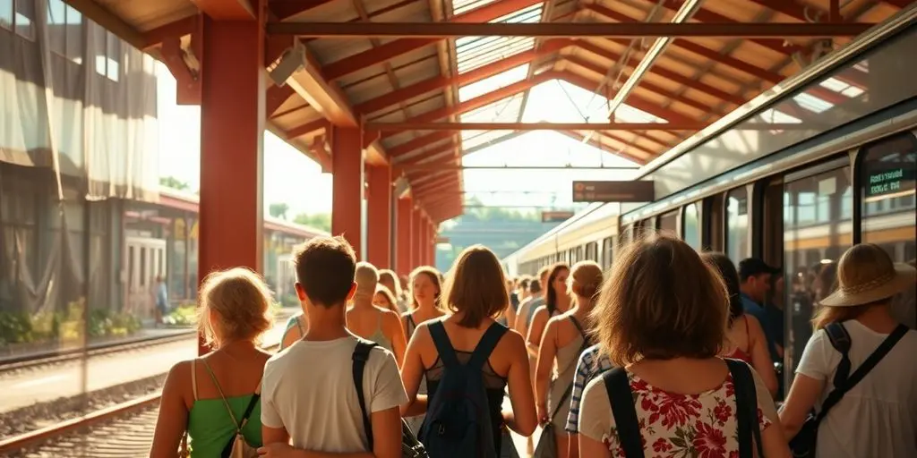 Scène estivale animée à la gare avec des voyageurs.