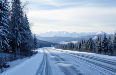 Paysage hivernal avec neige et routes glissantes.