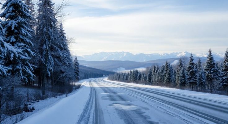 Paysage hivernal avec neige et routes glissantes.