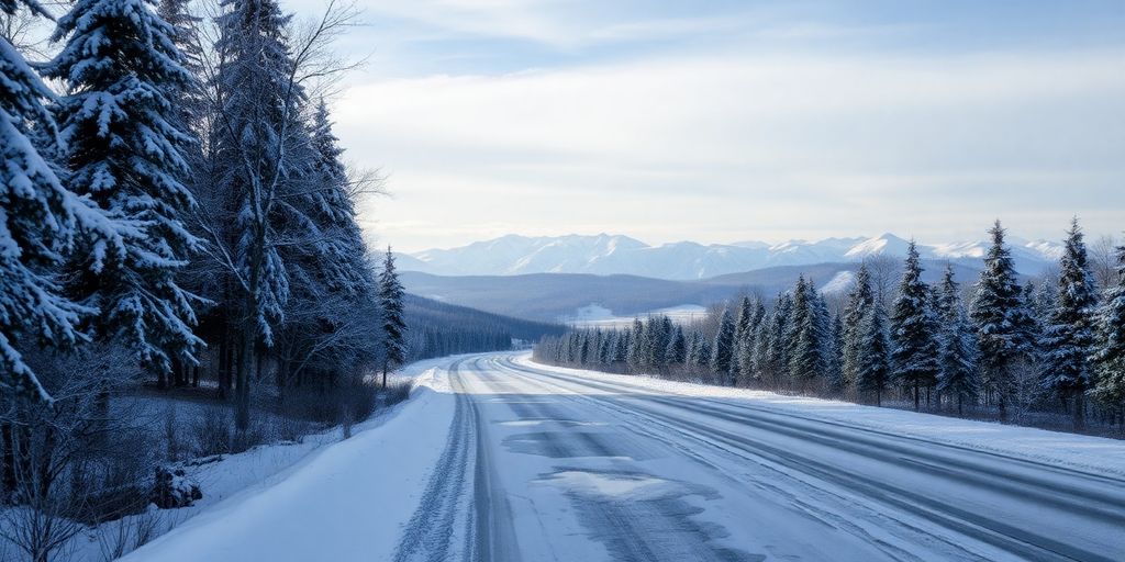 Paysage hivernal avec neige et routes glissantes.