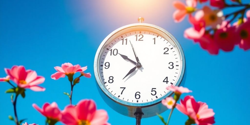 Horloge avec des fleurs, représentant le changement d'heure.