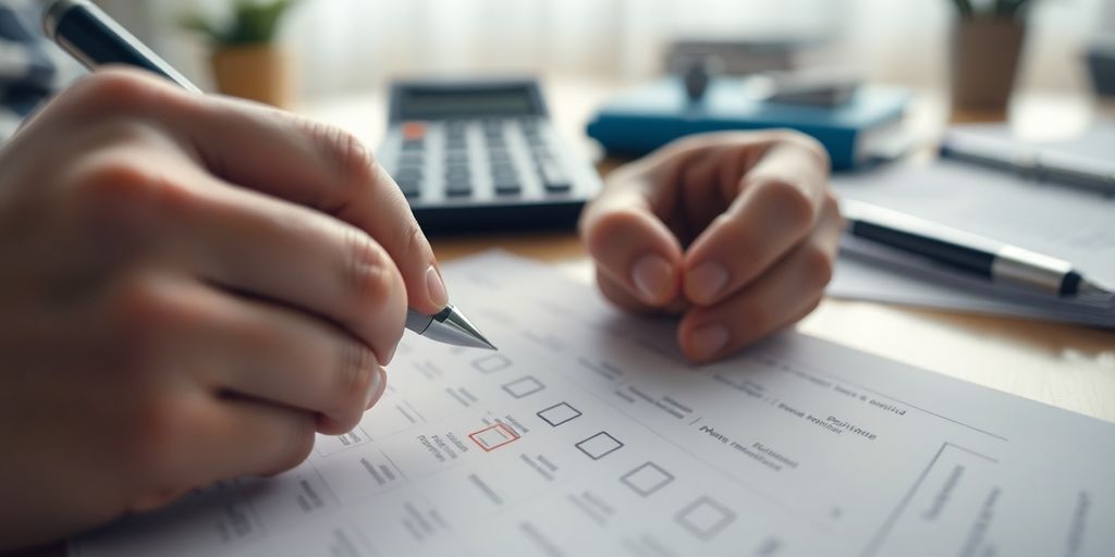 Person remplissant une déclaration de revenus avec un stylo.
