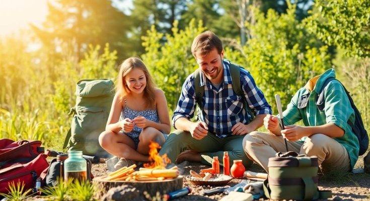 Famille en plein air préparant des activités de survie.