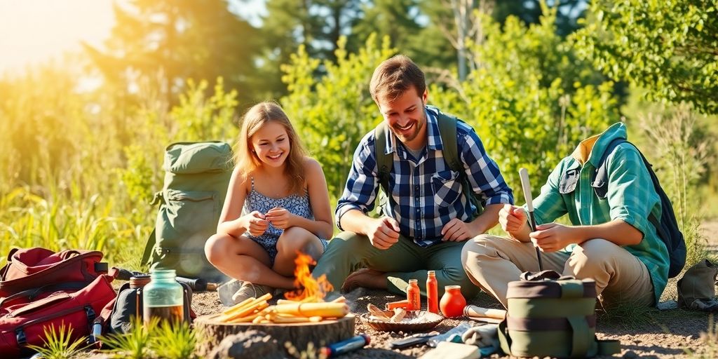 Famille en plein air préparant des activités de survie.