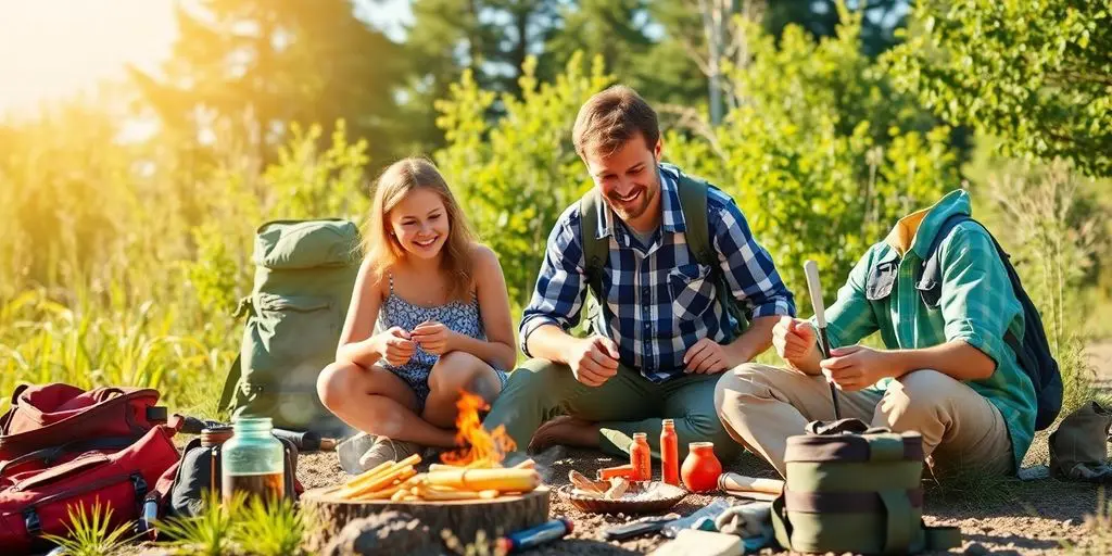 Famille en plein air préparant des activités de survie.