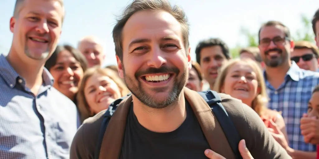 Olivier Grondeau entouré de ses proches, sourire aux lèvres.