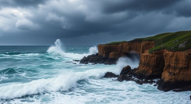 Vagues puissantes frappant les côtes sous un ciel orageux.